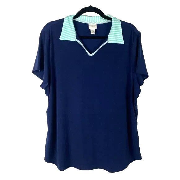 Chico's Tops - Chico's Weekend's  Blue Notch Neck Polo with Contrast Collar Sz 1 NWT